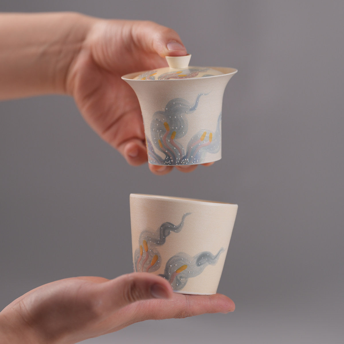 Stackable Swirl-Glaze Tea Bowl & Cup set