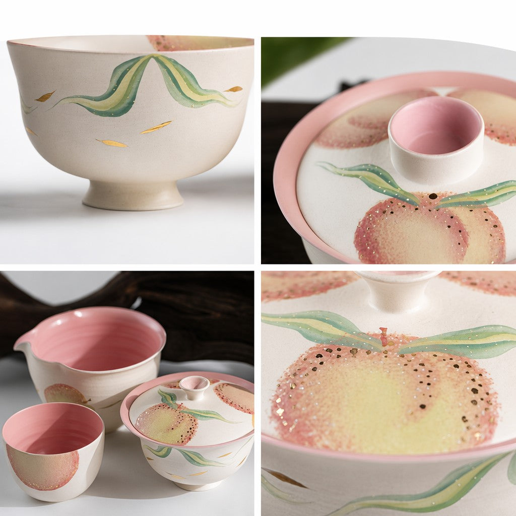 Hand-Painted Peach Tea Set Brown bag