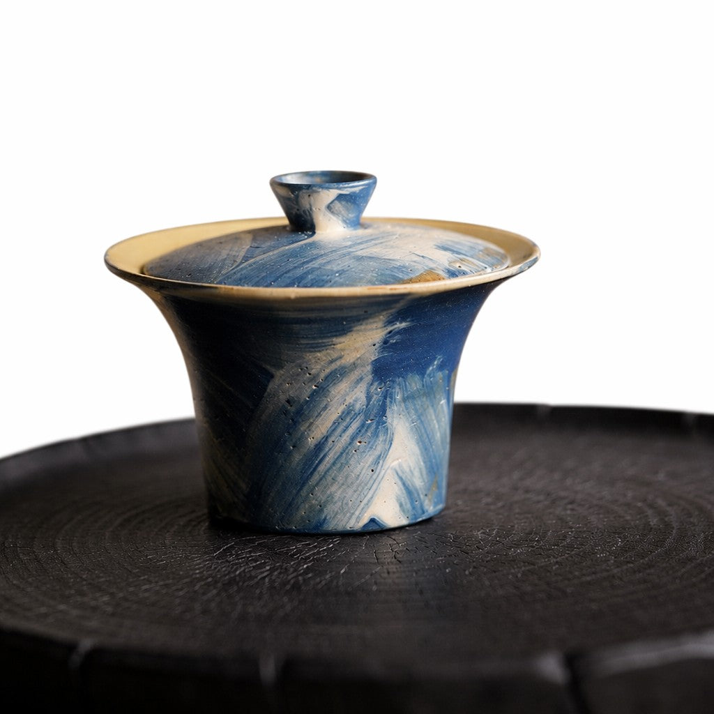 Indigo Storm Hand-Thrown Marbled Tea Bowl  Set