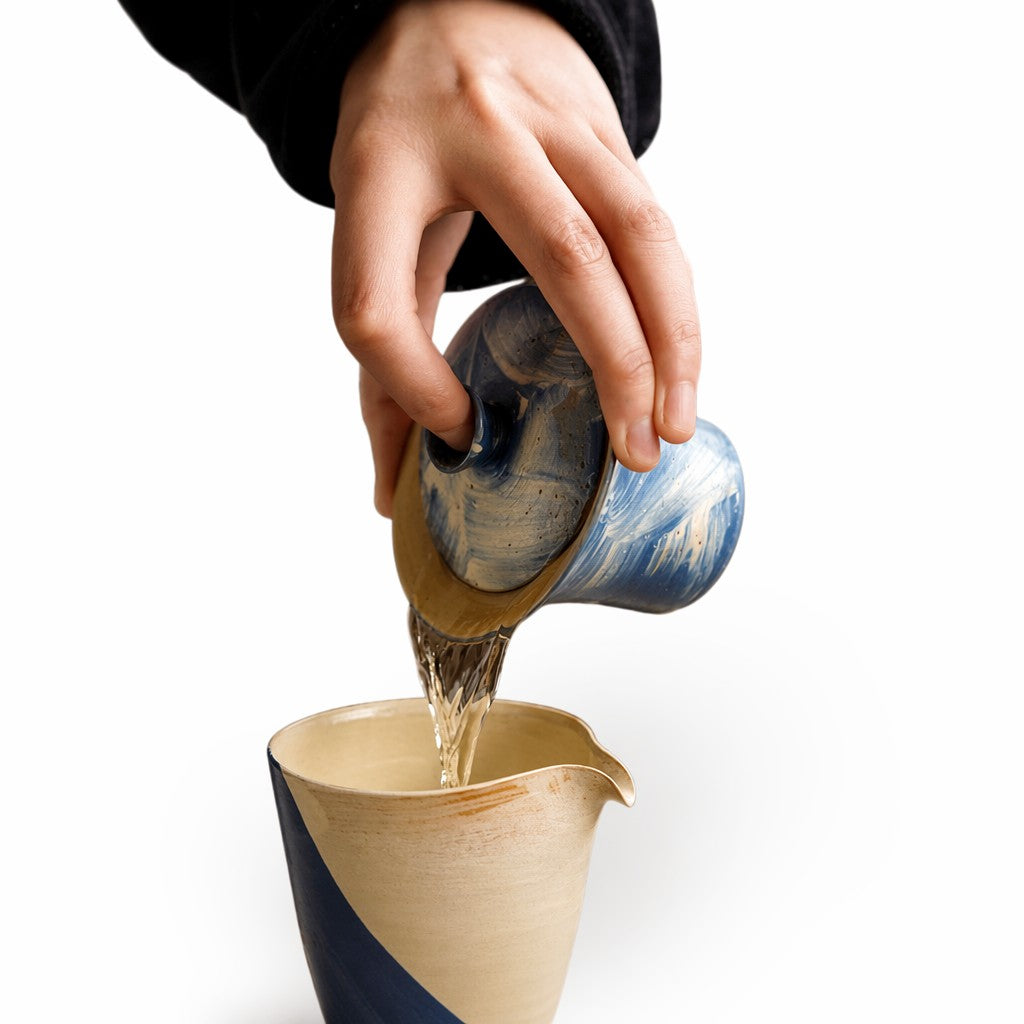 Indigo Storm Hand-Thrown Marbled Tea Bowl  Set