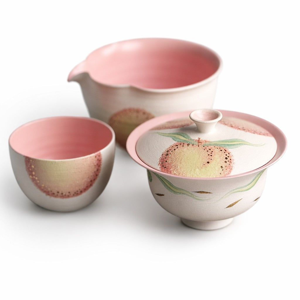 Hand-Painted Peach Tea Set Brown bag