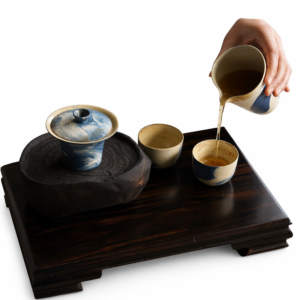 Indigo Storm Hand-Thrown Marbled Tea Bowl  Set