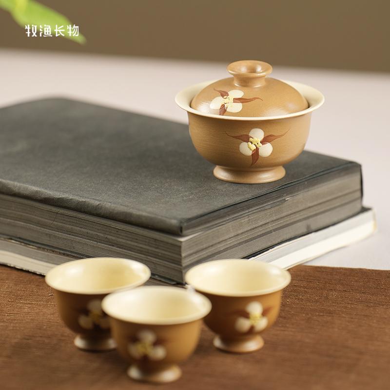 Kapok Flower Hand-Thrown Earth-Toned Tea Bowl Set