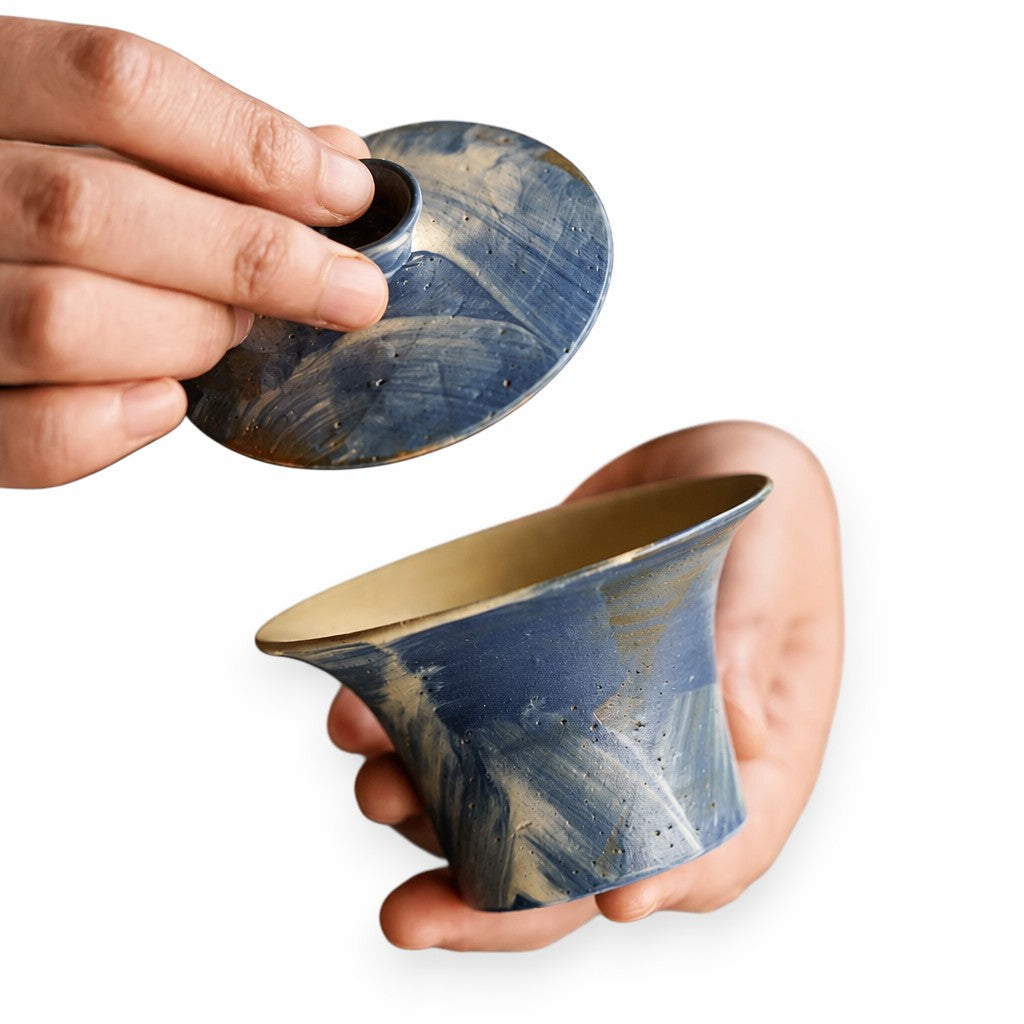Indigo Storm Hand-Thrown Marbled Tea Bowl  Set