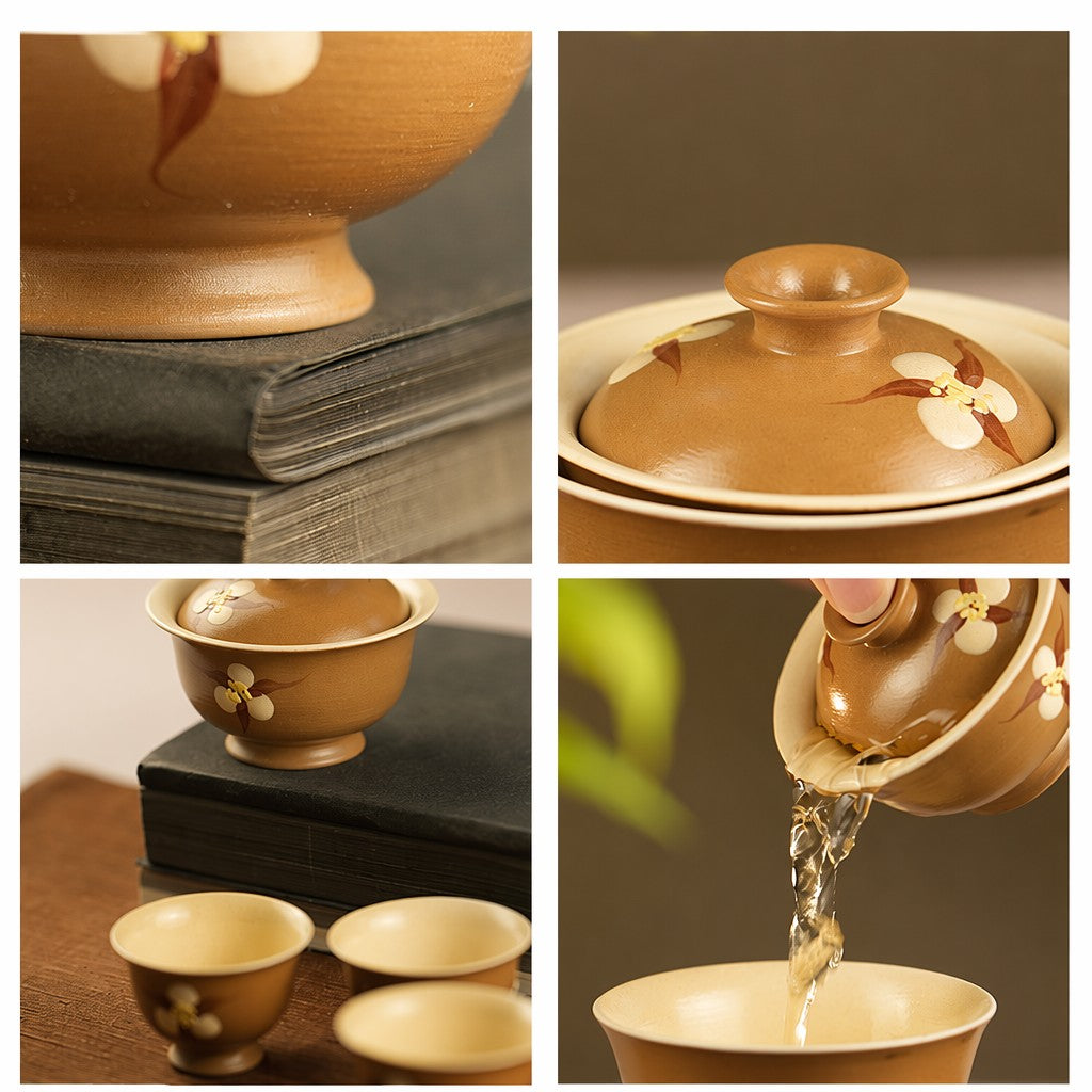 Kapok Flower Hand-Thrown Earth-Toned Tea Bowl Set
