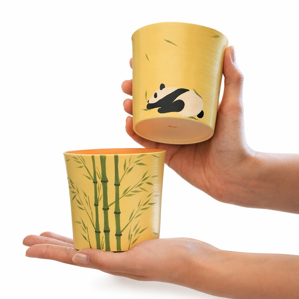 Two cups - One panda - A bamboo grove in underglaze