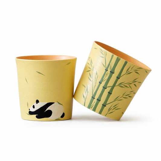 Two cups - One panda - A bamboo grove in underglaze