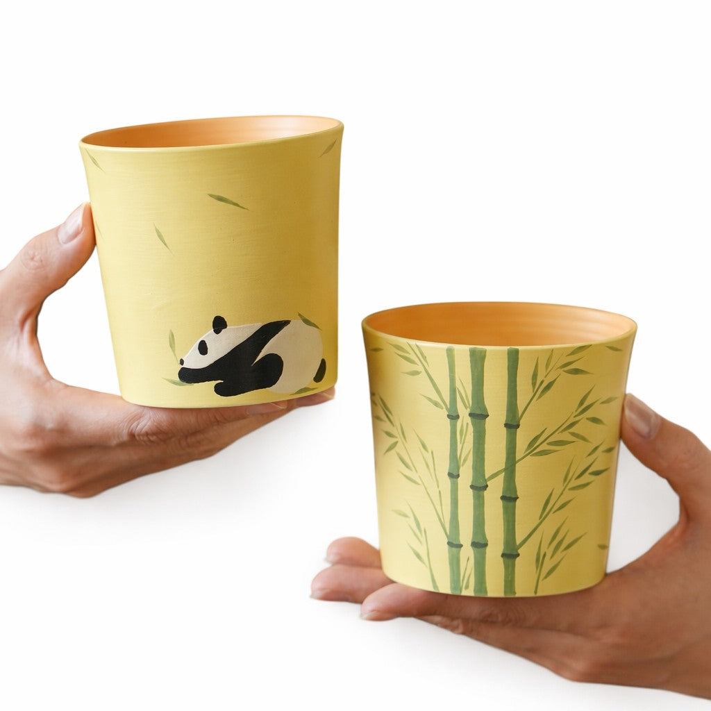 Two cups - One panda - A bamboo grove in underglaze