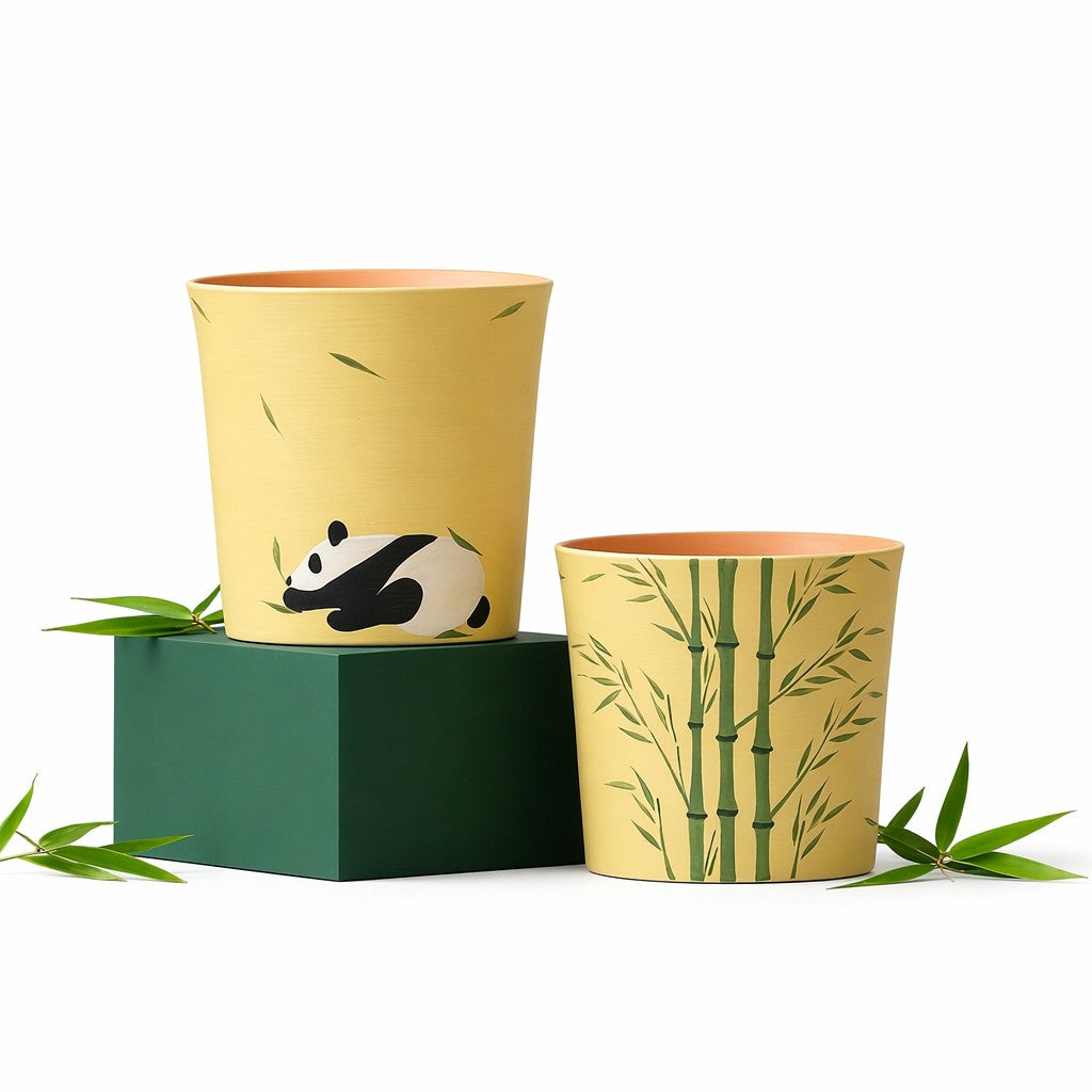 Two cups - One panda - A bamboo grove in underglaze