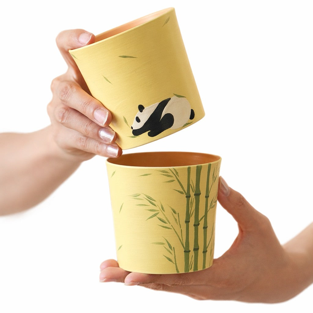 Two cups - One panda - A bamboo grove in underglaze