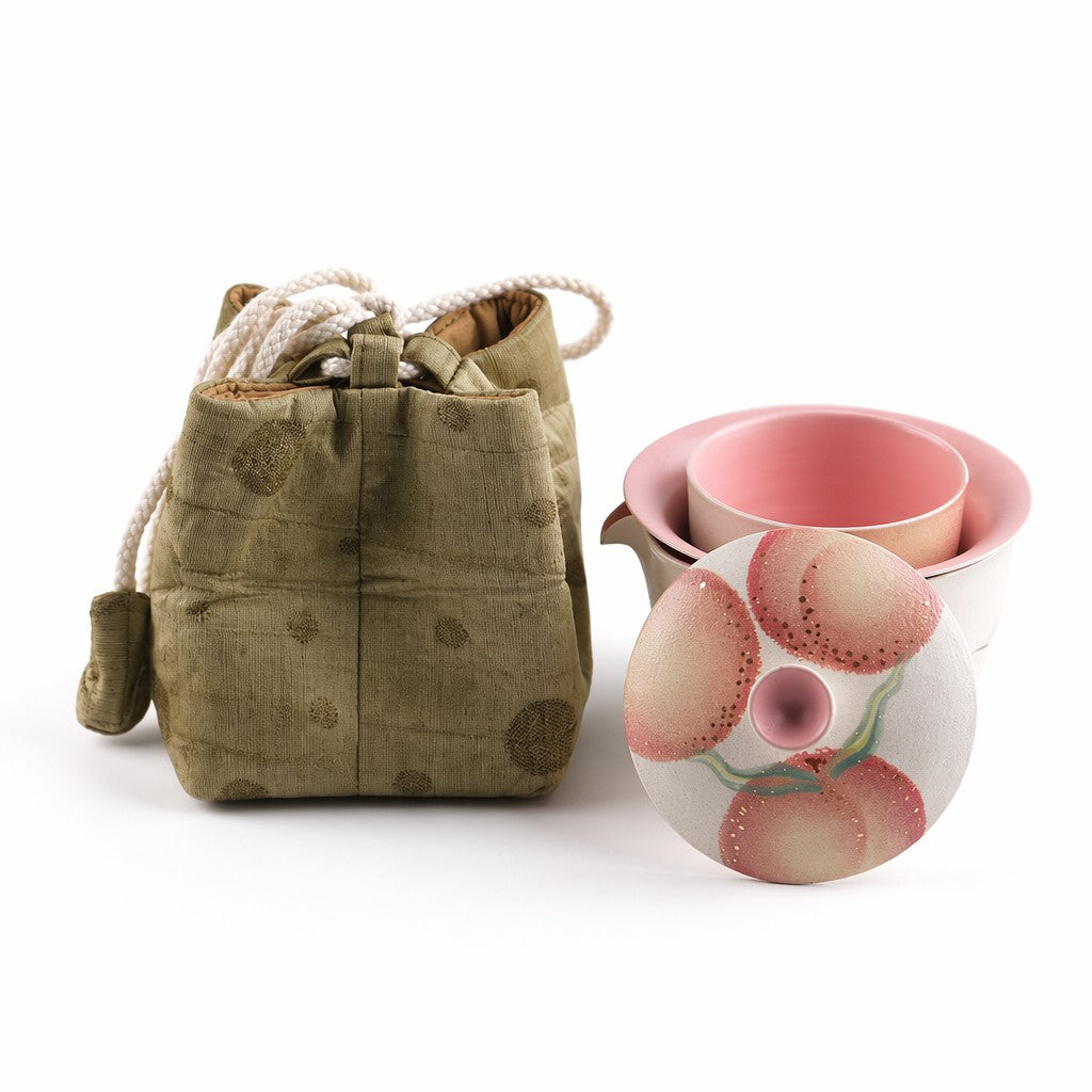 Hand-Painted Peach Tea Set Brown bag