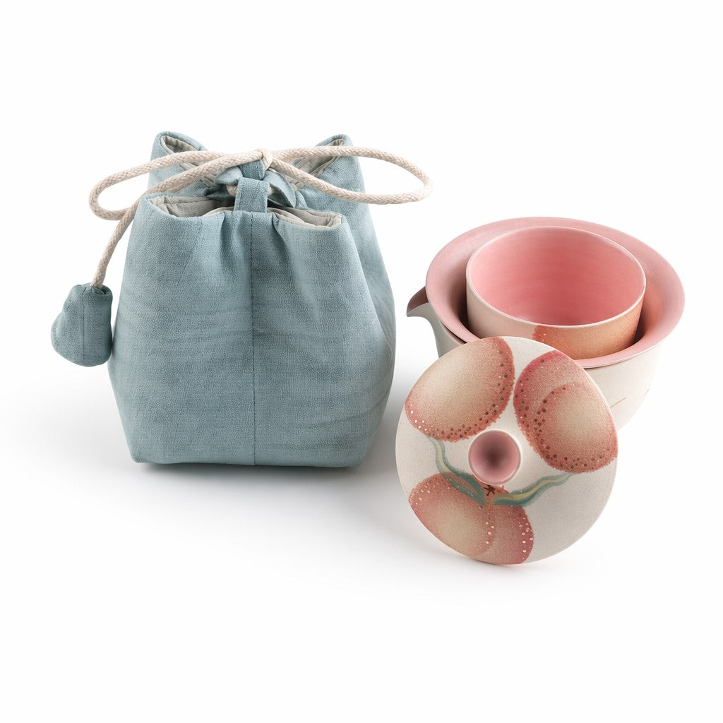 Hand-Painted Peach Tea Set Blue bag